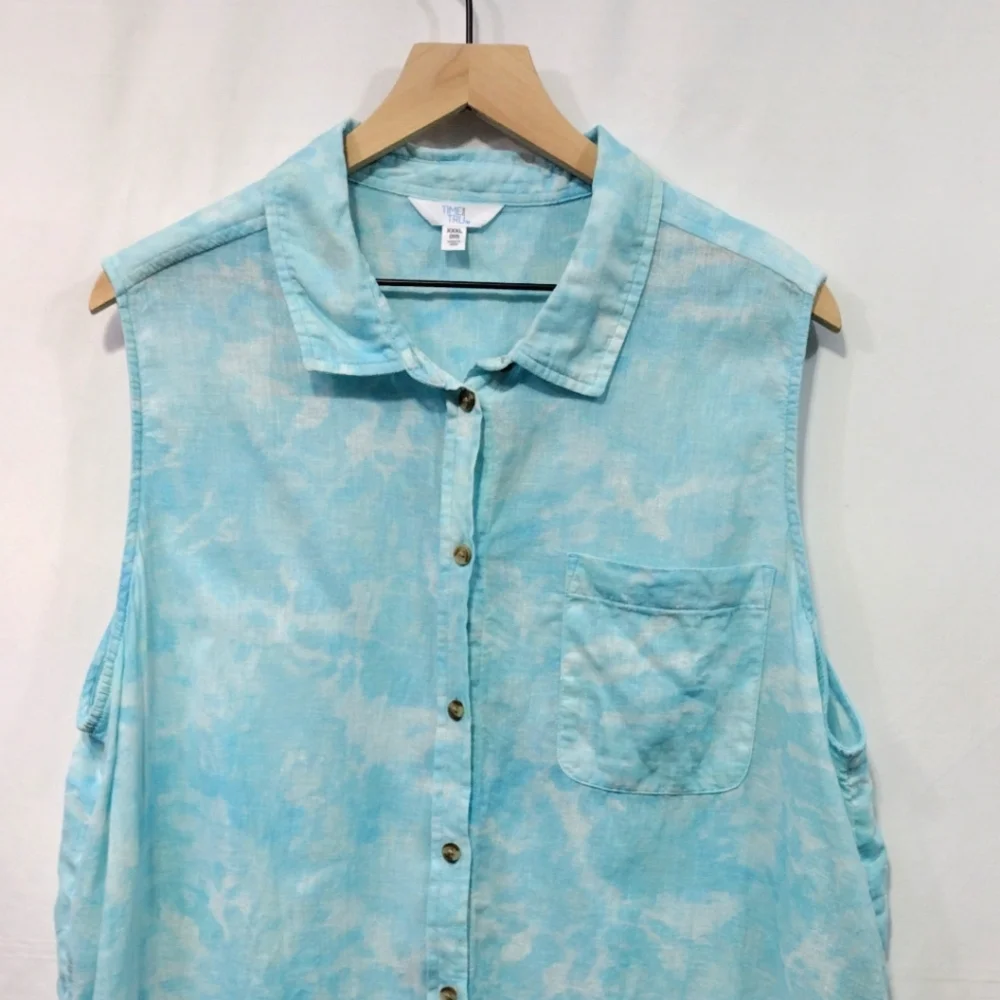 Time and Tru Sleeveless Button-Down Linen Shirt Women's XXXL Blue Tie Dye Retro - Picture 3 of 11